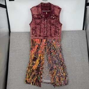 Rose Royce Denim Sequin Fringe Vest Women XL Acid Wash Pink Boho Festival